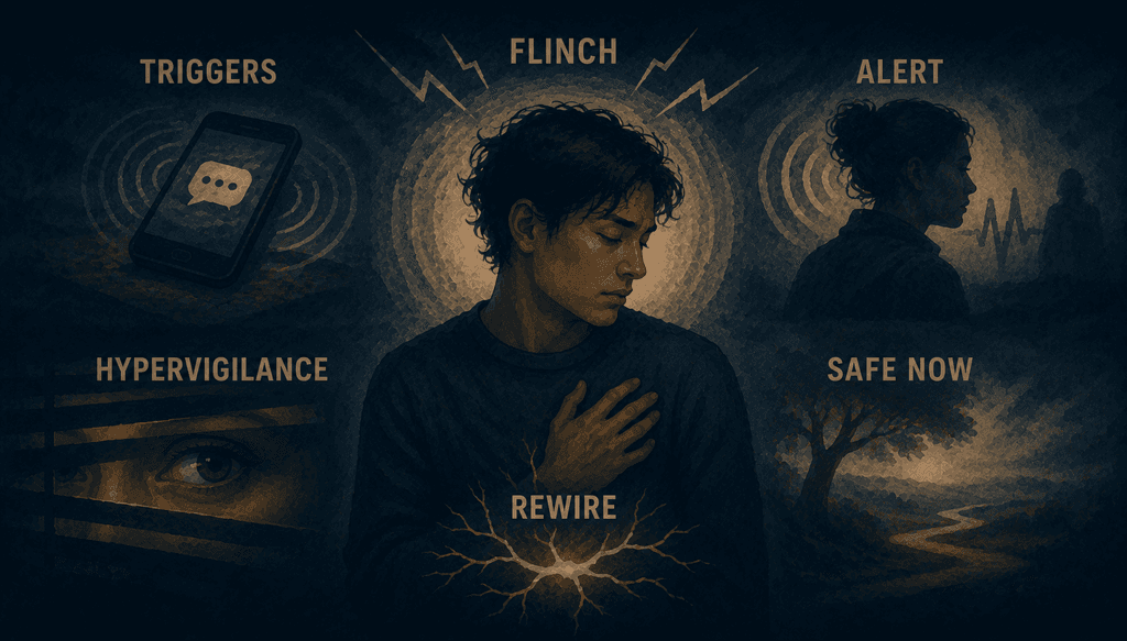 Infographic on why your body still flinches after narcissistic abuse: nervous system hypervigilance, phone alerts, and rewiring when you're safer but still braced