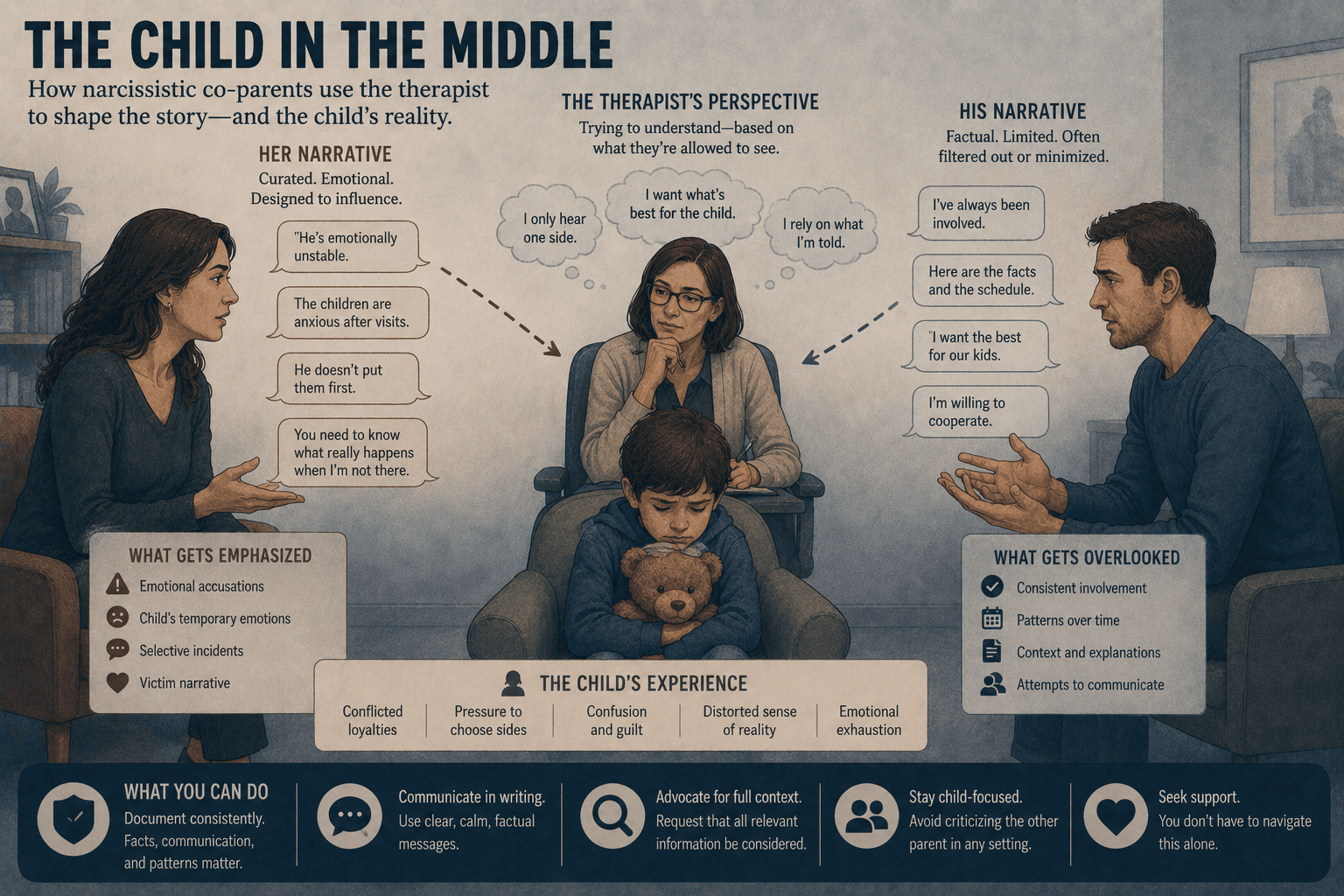 Infographic The Child in the Middle: therapy-room scene with two parents each pushing a competing narrative toward a clinician, a child in the foreground, panels on what gets emphasized vs overlooked, and a strip of practical responses like documenting and staying child-focused
