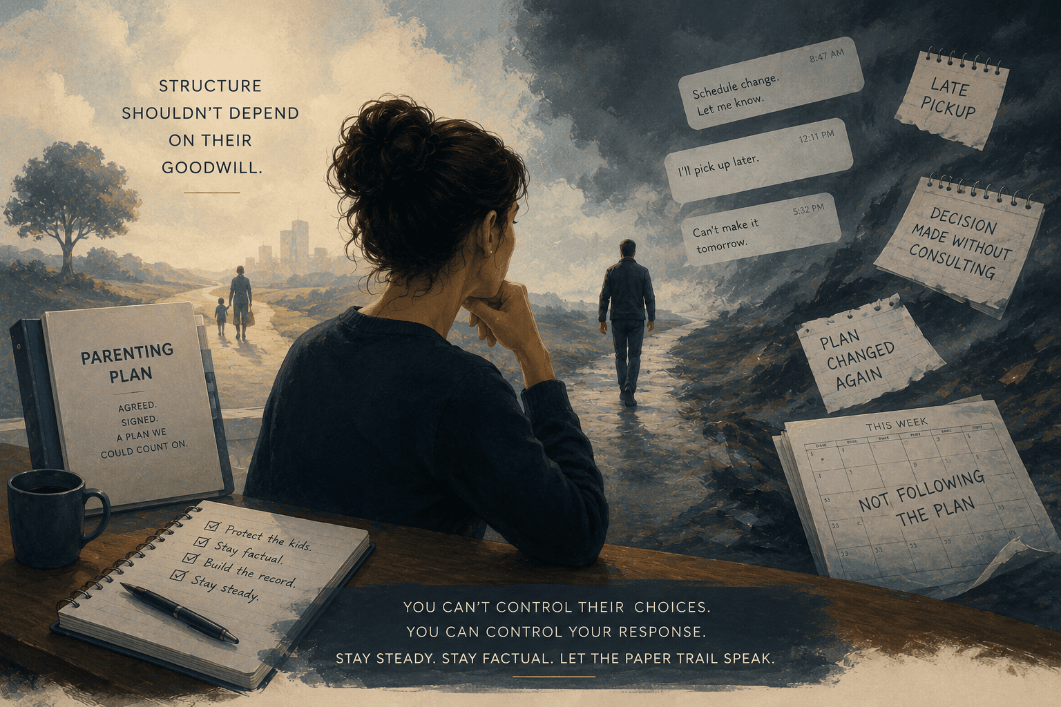 Illustration of a parent at a desk with a parenting plan binder and checklist, window view split between an orderly path with a caregiver and child and a stormy side with floating texts about late pickups and broken plans
