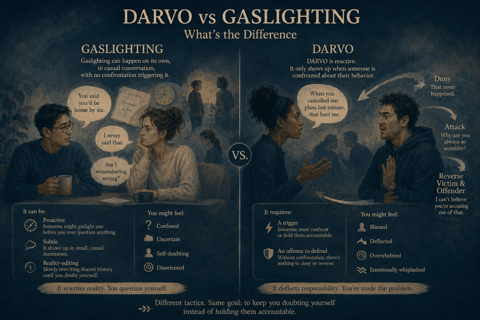 Infographic comparing DARVO and gaslighting: DARVO as a three-step confrontational response versus gaslighting as ongoing reality distortion, with overlap when denial attacks your memory