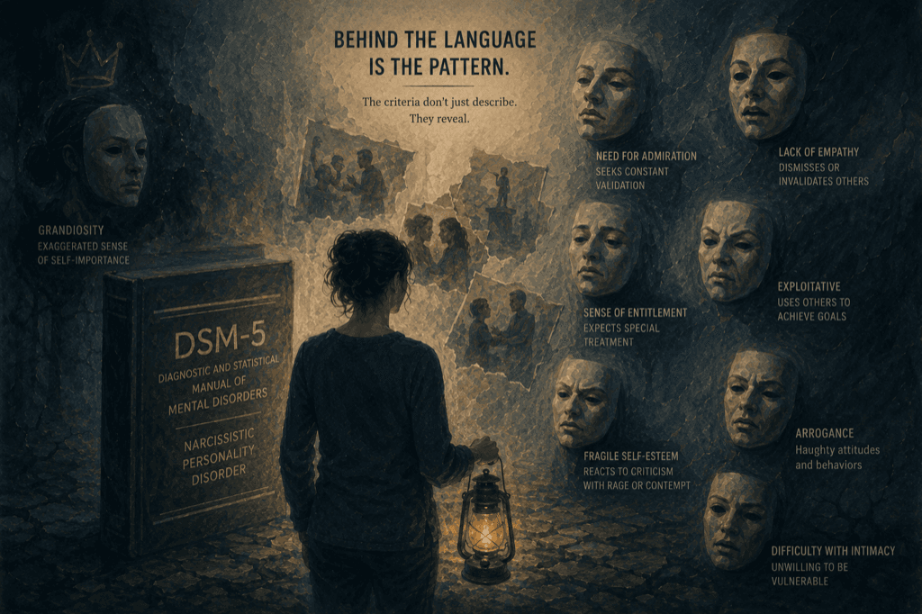 Infographic on DSM-5 narcissistic personality disorder criteria: nine clinical traits translated into plain-language behavior patterns you may recognize