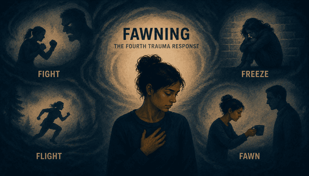 Infographic on fawning as the fourth trauma response: fight, flight, freeze, and fawn—looking agreeable on the outside while your nervous system tries to stay safe