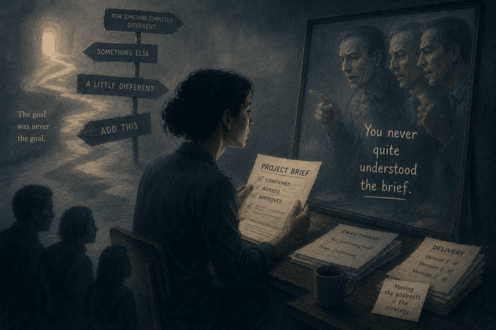 Infographic on gaslighting at work: meeting notes that don't match memory, feedback that shifts in public, and how professional context hides manipulation