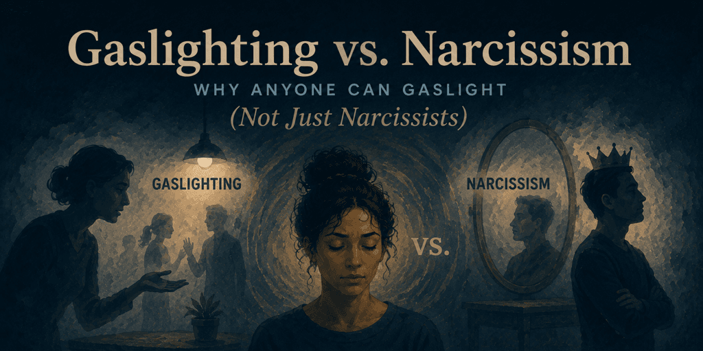 Infographic comparing gaslighting and narcissism: gaslighting as a behavior that erodes your reality versus narcissism as a broader trait or diagnosis pattern