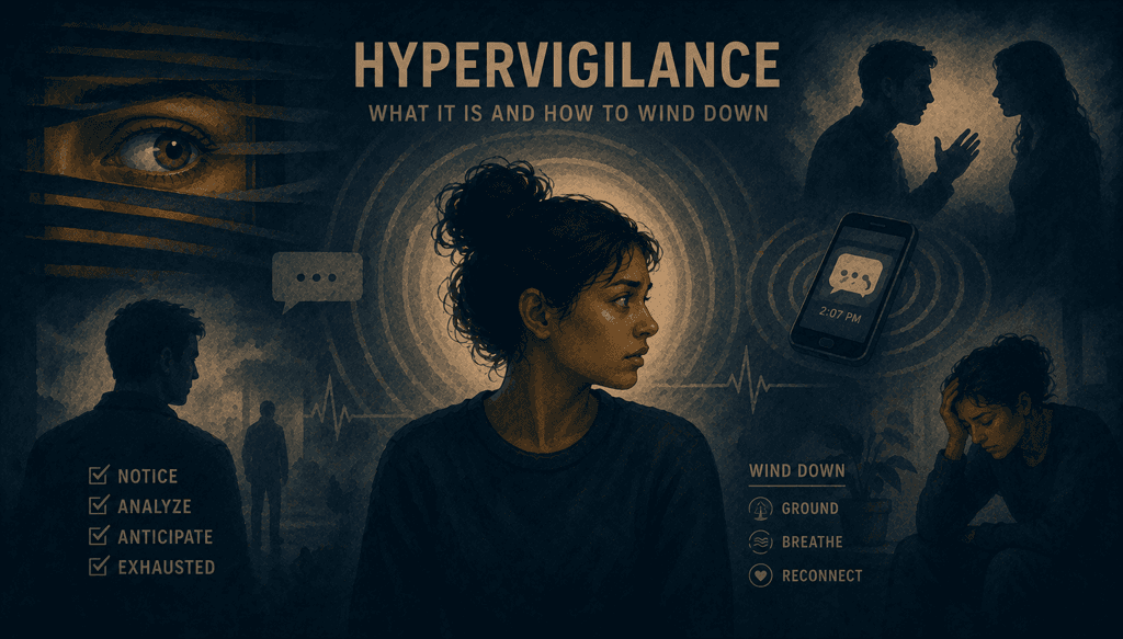 Infographic on hypervigilance after narcissistic abuse: scanning tone, delayed texts, and body cues because the threat scan never stops even when you're safer