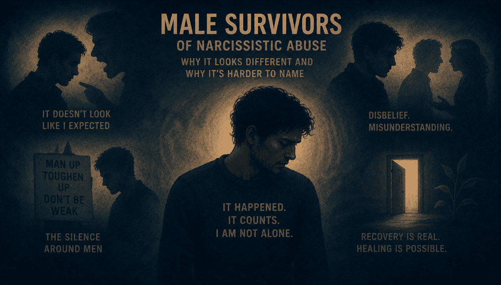 Infographic on male survivors of narcissistic abuse: cultural scripts, emasculation tactics, false allegations, and why naming harm is harder for men