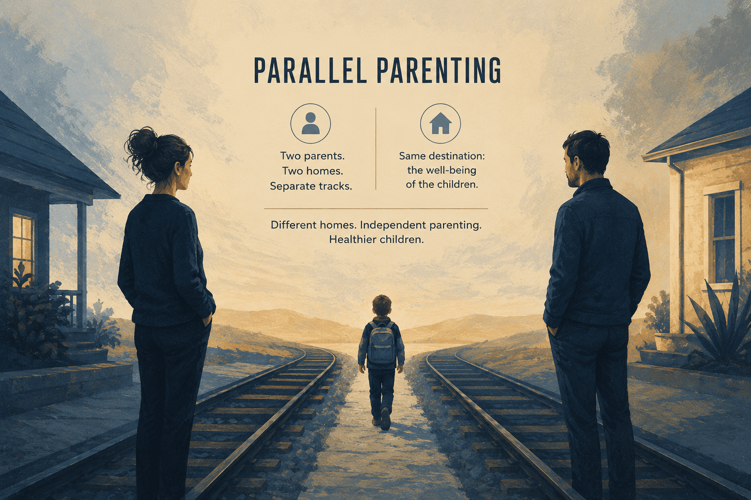 Infographic for parallel parenting: two adults at separate homes, parallel tracks, child with backpack between them; text emphasizes two homes, separate tracks, same goal—the children's well-being