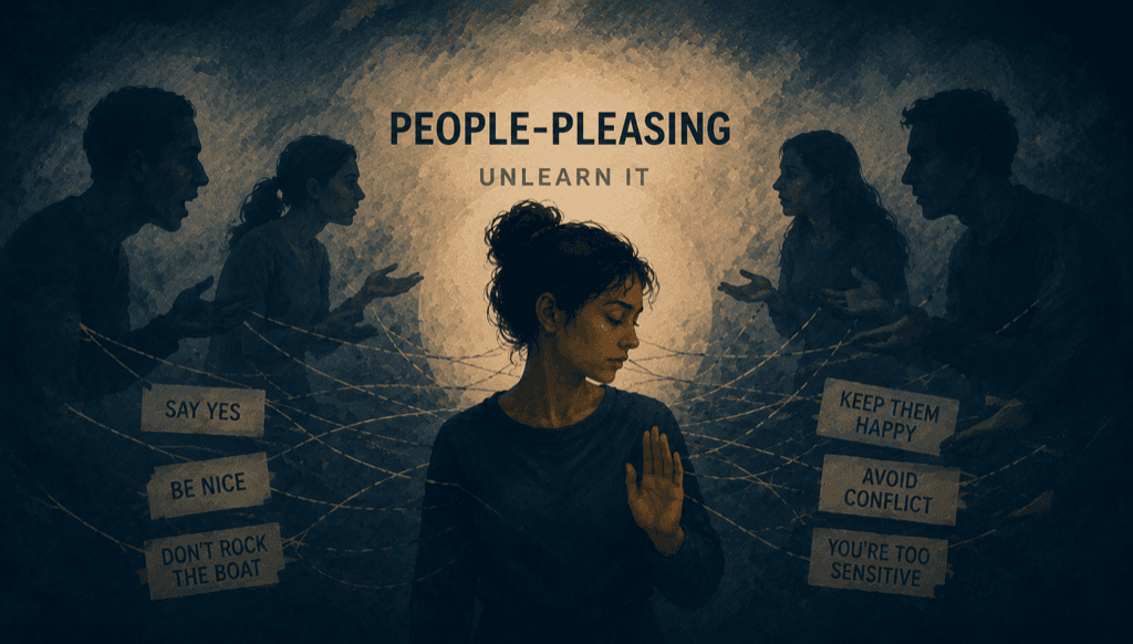 Infographic on people-pleasing after narcissistic abuse: saying yes when you mean no, monitoring others' moods, and how survival patterns masquerade as being nice