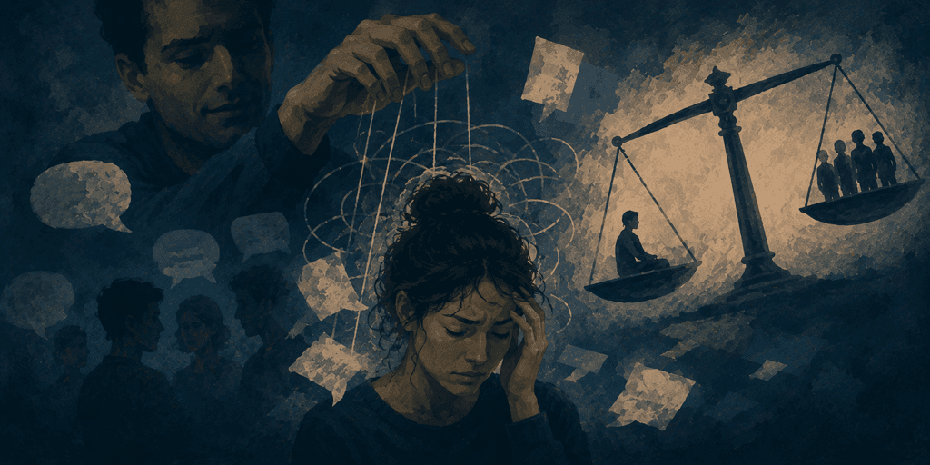 Infographic on power dynamics in gaslighting: positional, social, and epistemic levers that tilt whose reality gets believed when someone rewrites what happened