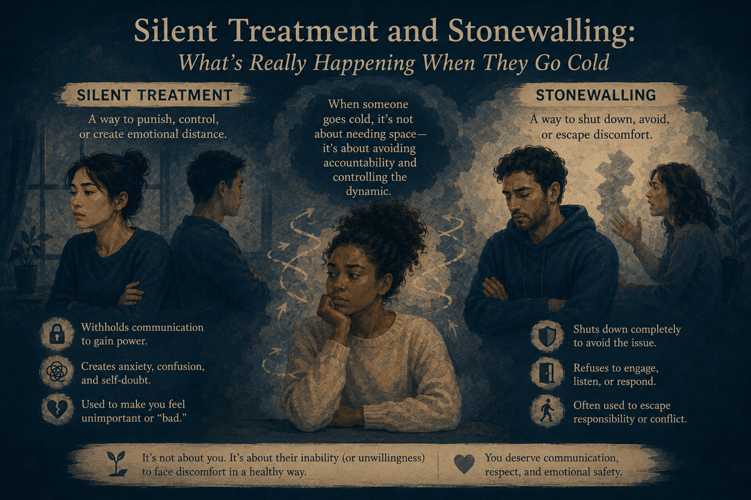 Infographic on silent treatment versus stonewalling: engaged person goes cold after a boundary or disagreement, messages read and ignored, with contrast between overwhelmed shutdown and punitive withdrawal