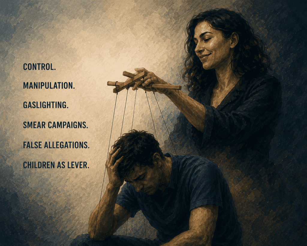Infographic on female narcissistic abuse: what male victims are told versus what's actually true about gaslighting, control, and coercive dynamics when she's the narcissist