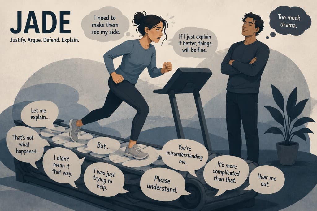 Illustration of a woman on a treadmill of JADE phrases while a dismissive figure stands nearby, representing justify, argue, defend, and explain.