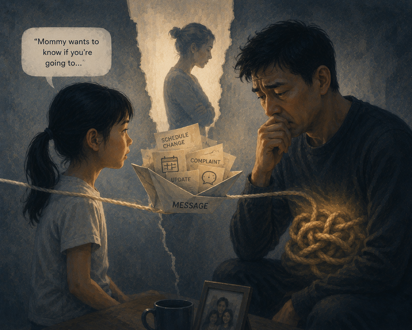 Illustration of a child standing between two adults while carrying a message meant for co-parents, showing loyalty pressure and the wrong communication channel