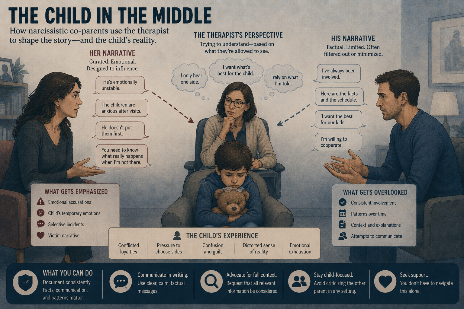 Infographic The Child in the Middle: therapy-room scene with two parents each pushing a competing narrative toward a clinician, a child in the foreground, panels on what gets emphasized vs overlooked, and a strip of practical responses like documenting and staying child-focused
