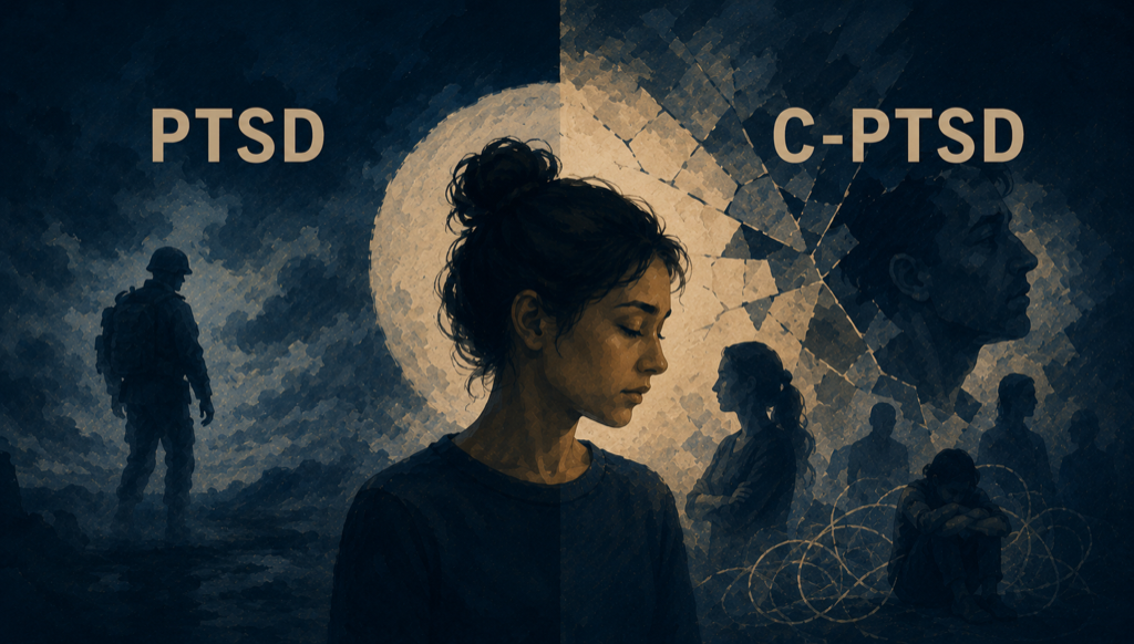 Infographic on complex PTSD versus PTSD after narcissistic abuse: prolonged relational trauma, identity and attachment effects, and why the distinction matters for recovery