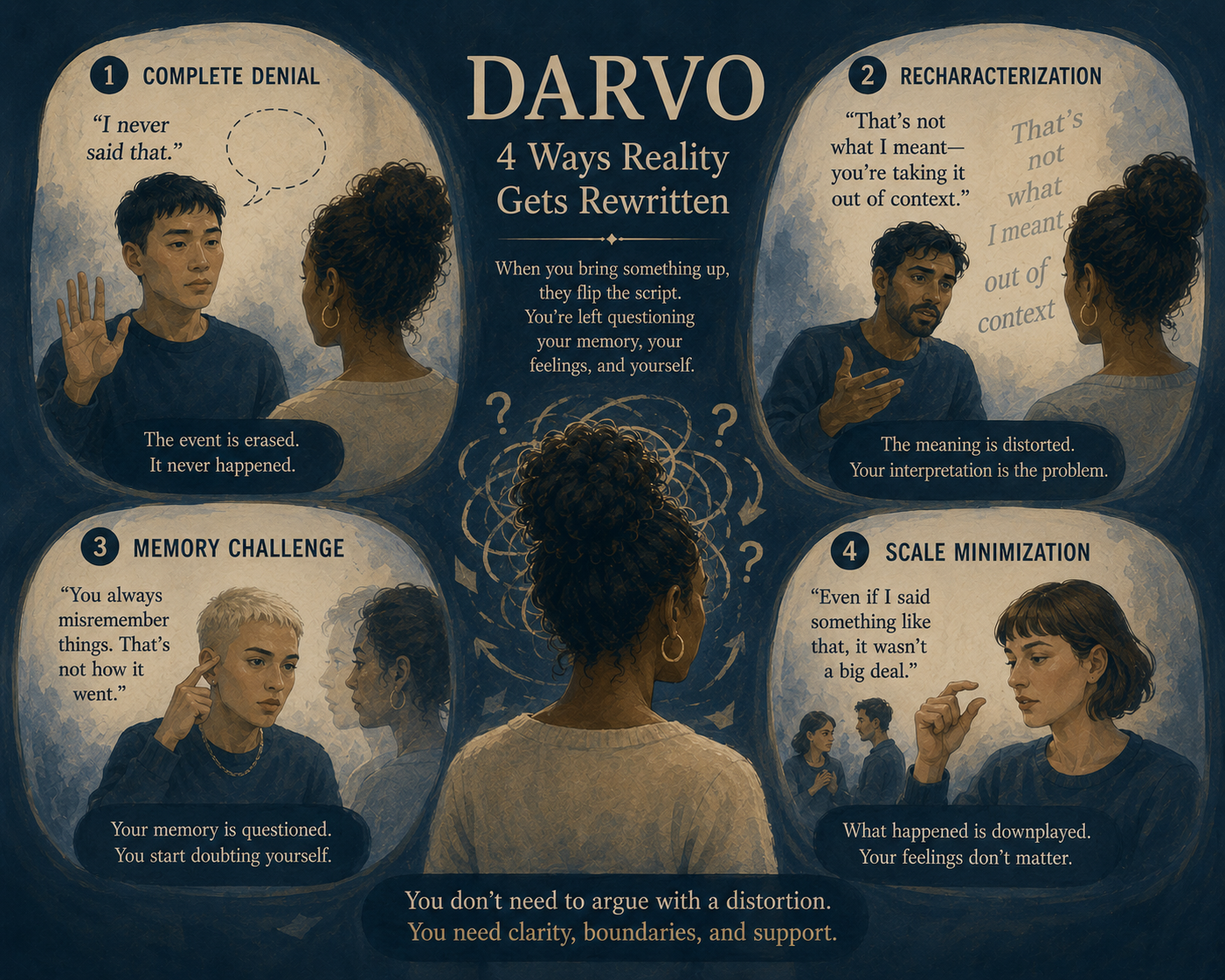 Infographic of the three DARVO steps—Deny, Attack, Reverse Victim and Offender—showing how a fair confrontation can end with you defending yourself and doubting you're the problem