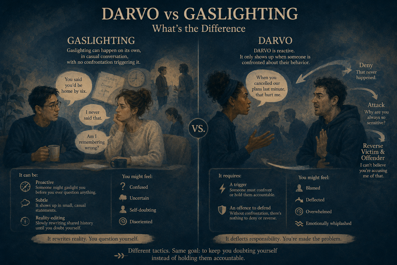 Infographic comparing DARVO and gaslighting: DARVO as a three-step confrontational response versus gaslighting as ongoing reality distortion, with overlap when denial attacks your memory