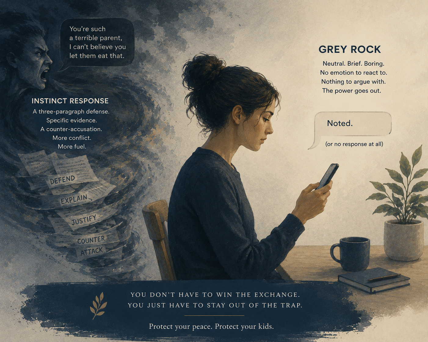 Split illustration labeled Instinct Response versus Grey Rock: chaotic dark side with defend-explain-justify spiral versus calm side with a one-line Noted reply and banner about staying out of the trap