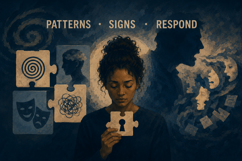 Infographic on how narcissists gaslight: seven signs including flat denial, reframing, and attacks on your credibility, with co-parenting examples