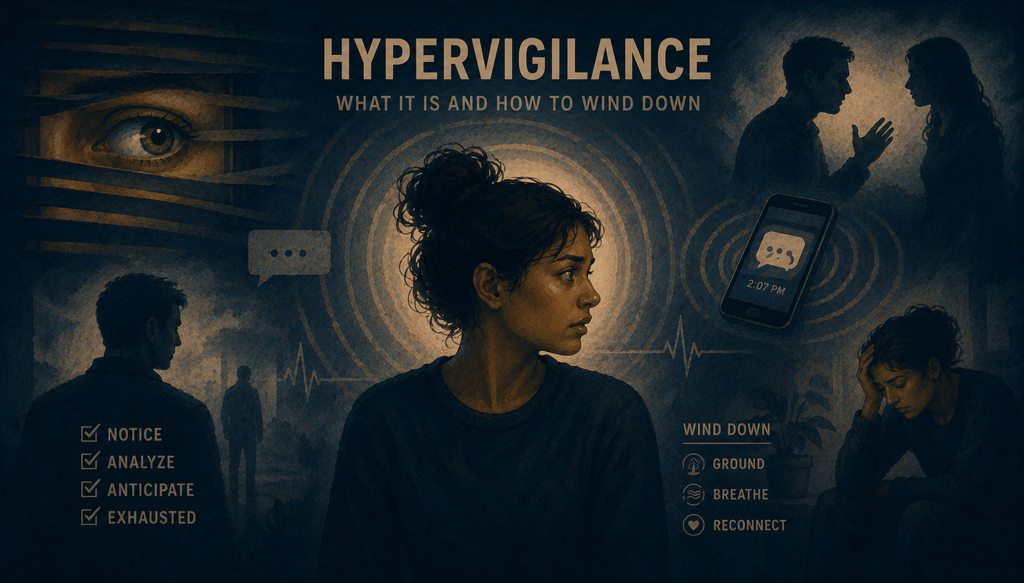 Infographic on hypervigilance after narcissistic abuse: scanning tone, delayed texts, and body cues because the threat scan never stops even when you're safer