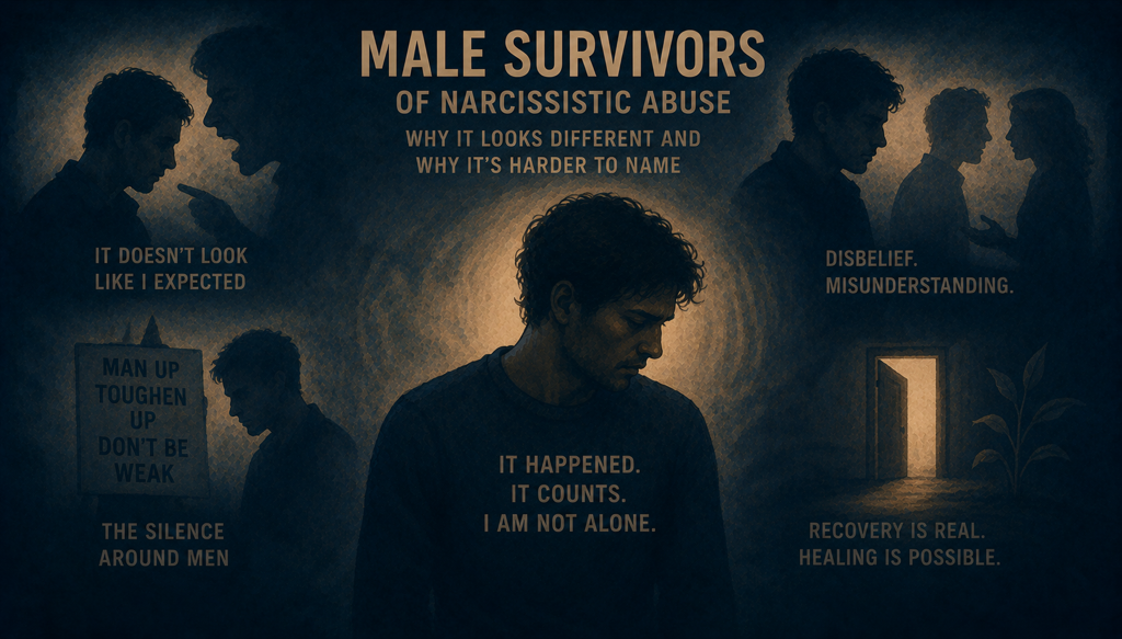 Infographic on male survivors of narcissistic abuse: cultural scripts, emasculation tactics, false allegations, and why naming harm is harder for men