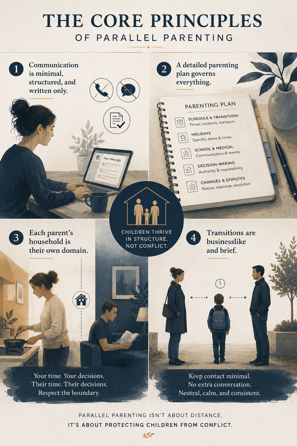 Infographic on the core principles of parallel parenting: four panels on written-only communication, a detailed parenting plan, household autonomy, and brief transitions, around center text—children thrive in structure, not conflict