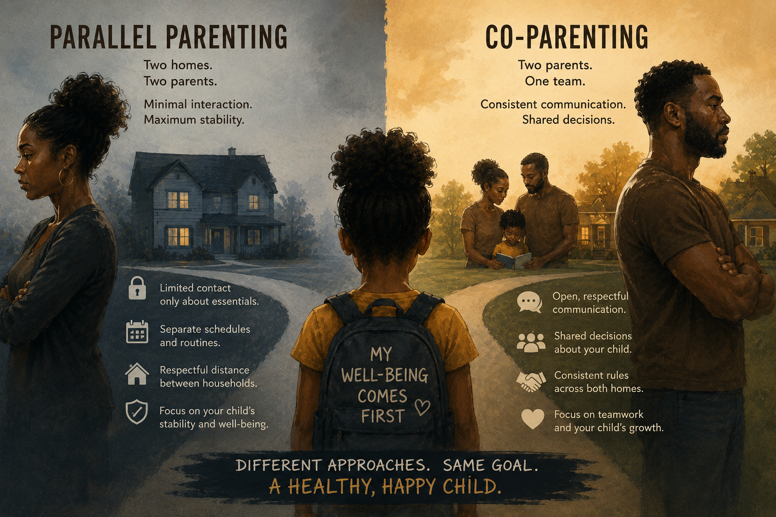 Split infographic Parallel Parenting vs Co-Parenting: child at a fork between cool-toned separate-household side and warm-toned teamwork side, with bullet contrasts on contact, schedules, and shared decisions