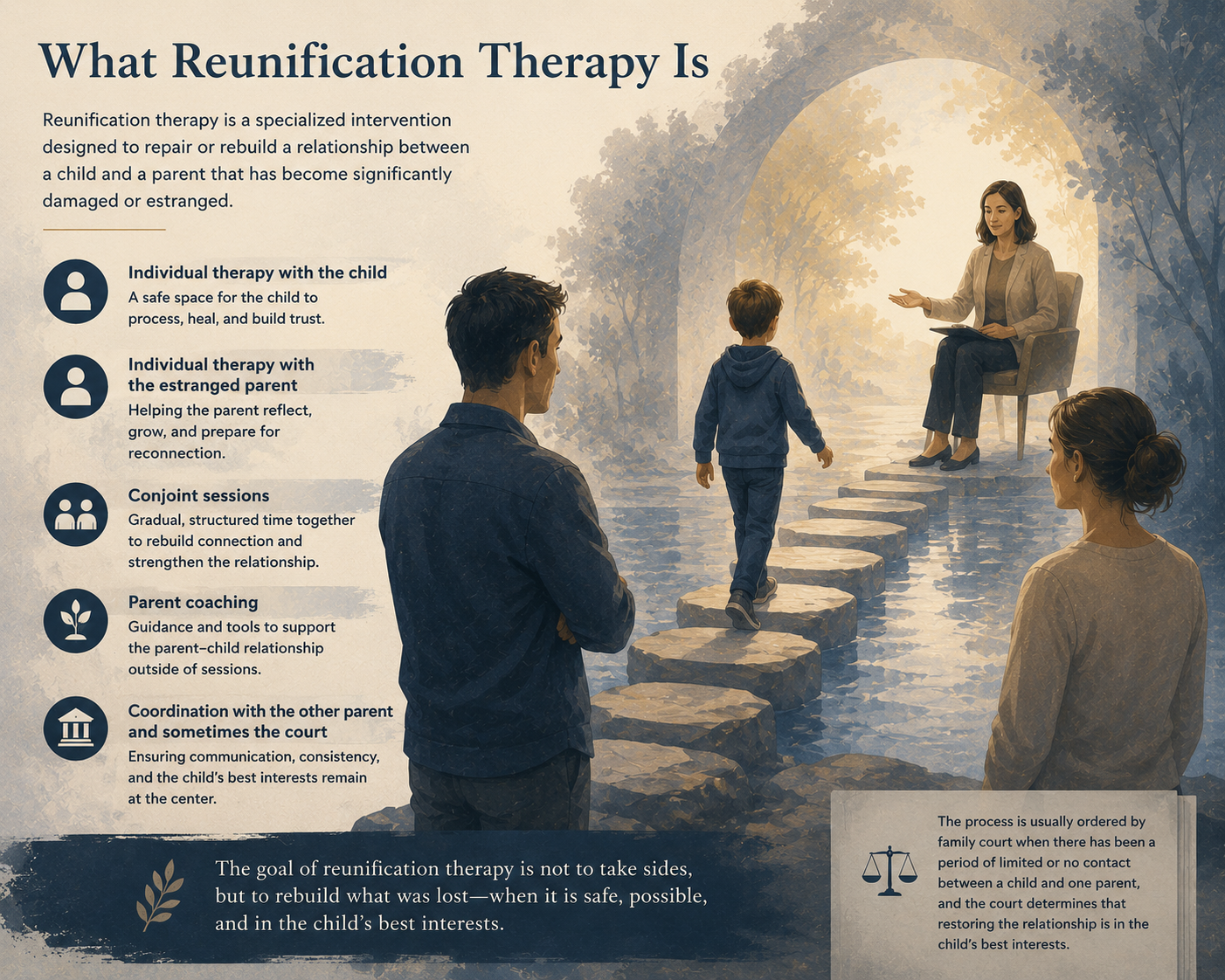 Infographic What Reunification Therapy Is: definition and five components—individual child and parent work, conjoint sessions, parent coaching, court coordination—with illustration of a child crossing stepping stones toward a therapist while two caregivers look on