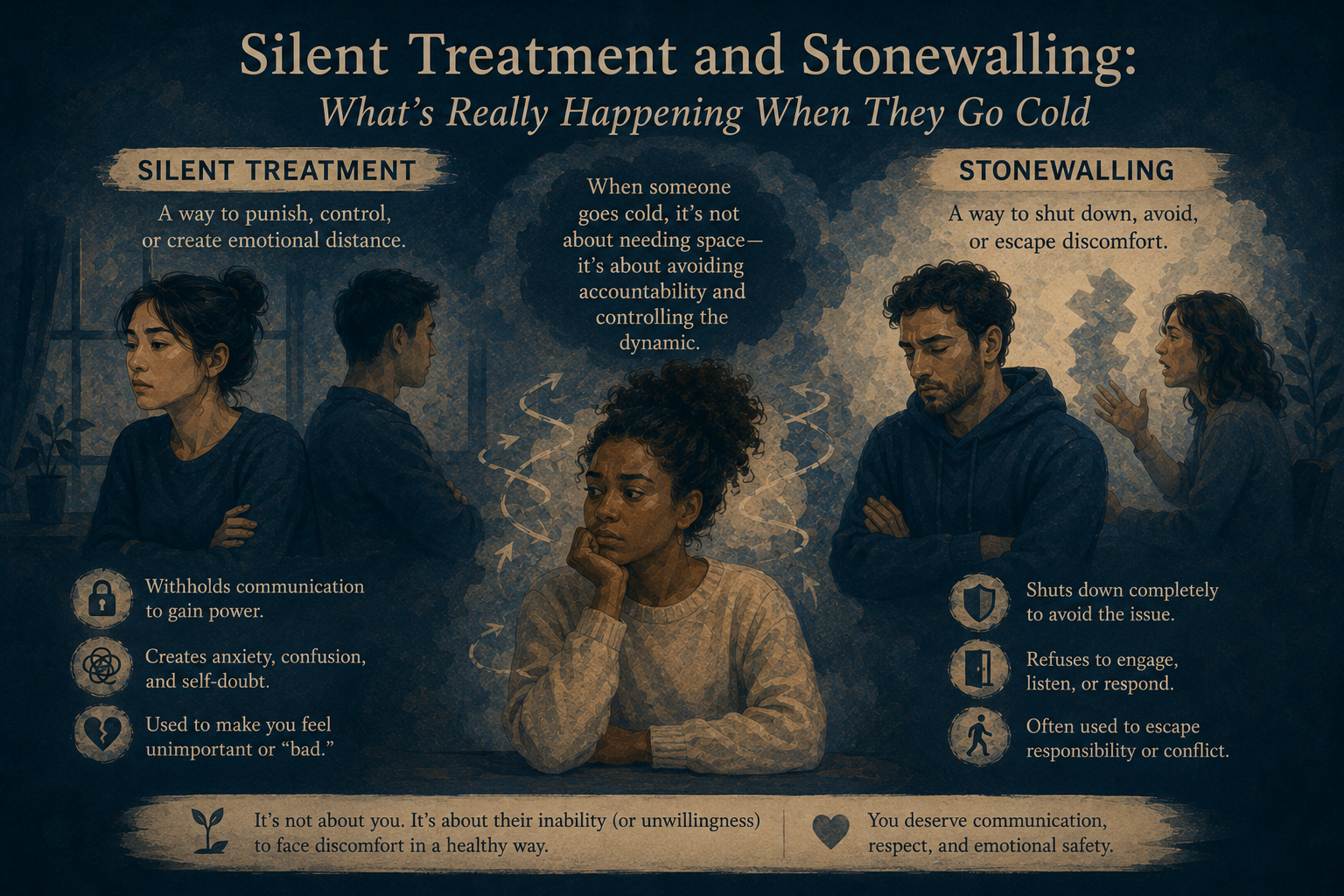 Infographic on silent treatment versus stonewalling: engaged person goes cold after a boundary or disagreement, messages read and ignored, with contrast between overwhelmed shutdown and punitive withdrawal