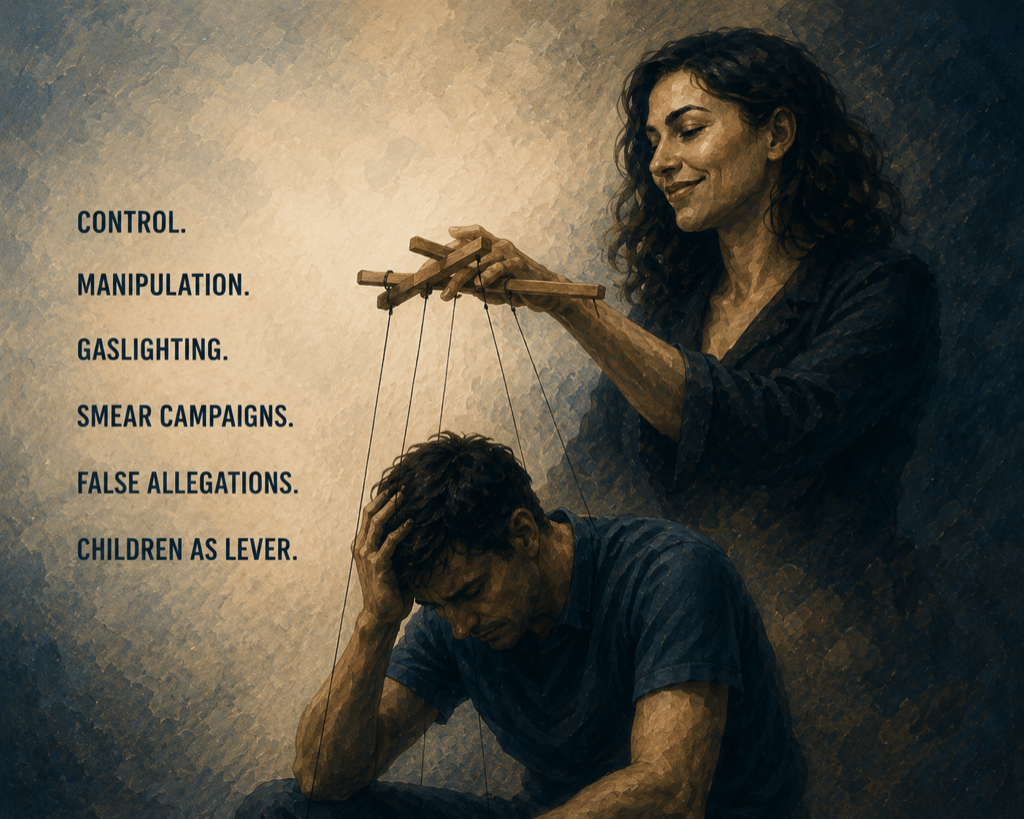 Infographic on female narcissistic abuse: what male victims are told versus what's actually true about gaslighting, control, and coercive dynamics when she's the narcissist